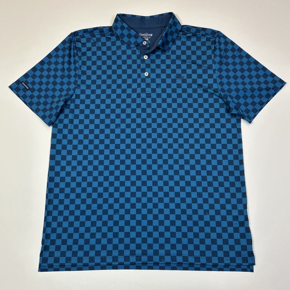 Good Good Golf Men’s Large Performance Polo Blue Check Stretch Shirt